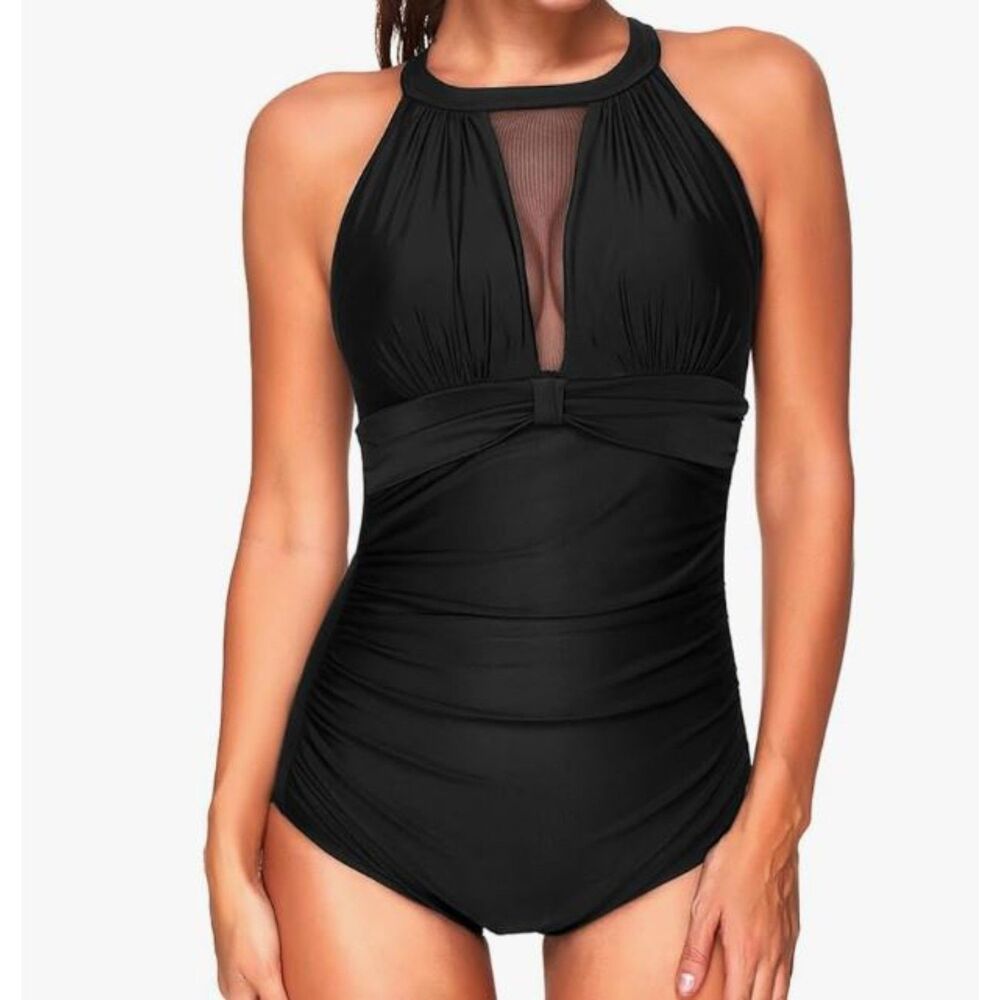 NEW Tempt Me Black One Piece Swimsuit Sheer Insert Tummy Control Size XL NWT